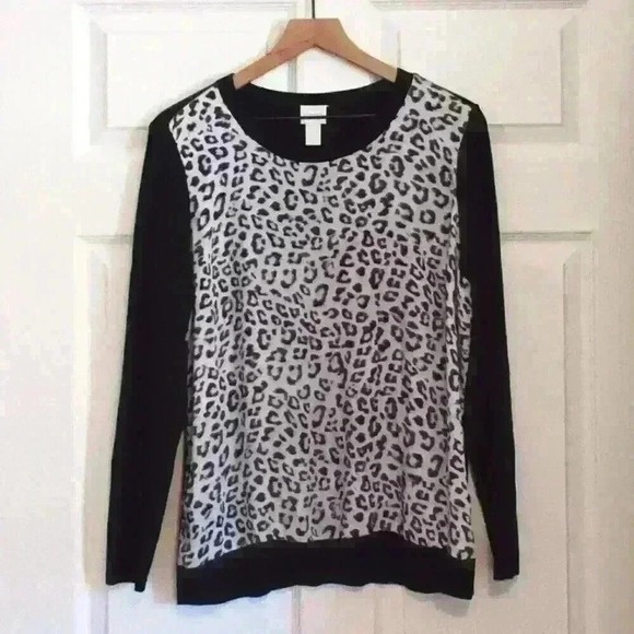 Chico's Brand Cheetah Print Sweater Size L Black White Long Sleeve Lightweight - Picture 1 of 8